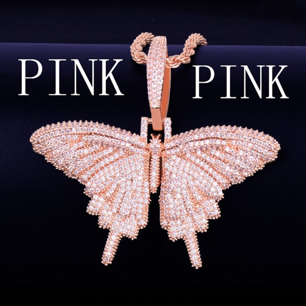 Pink Color Animal butterfly Pendant Necklace Charm Tennis Chain & Cuban chain Gold Color Cubic Zircon Men's Hip hop Rock Jewelry | Vimost Shop.
