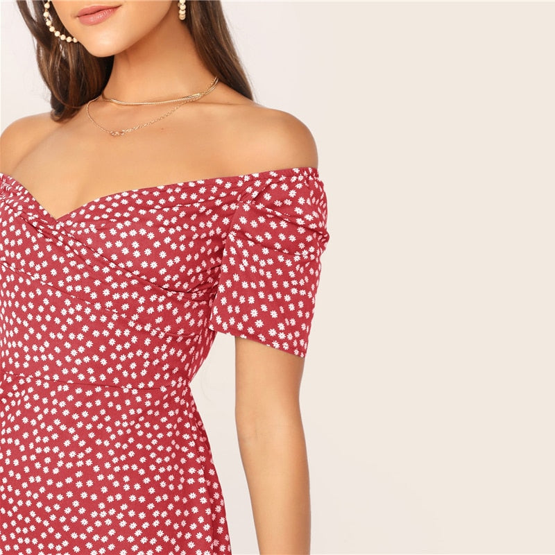 Green Off Shoulder Wrap Front Ruffle Hem Ditsy Floral Mini Dress Women Summer Puff Sleeve High Waist Boho Slim Dresses | Vimost Shop.