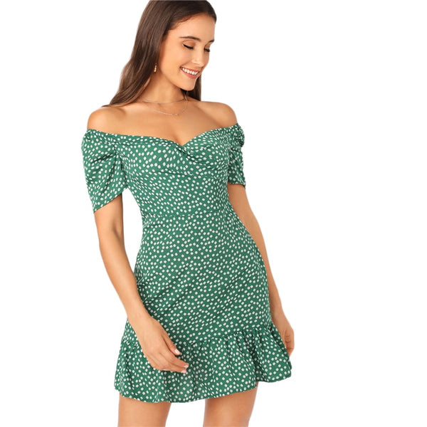Green Off Shoulder Wrap Front Ruffle Hem Ditsy Floral Mini Dress Women Summer Puff Sleeve High Waist Boho Slim Dresses | Vimost Shop.