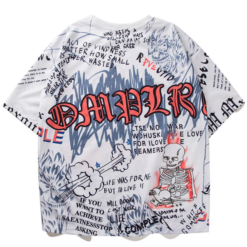 Mens Short Sleeve T-shirt Graffiti Tees Shirts Flame Print Skateboard Tshirts Male Cotton Hip Hop Streetwear KJ54 | Vimost Shop.