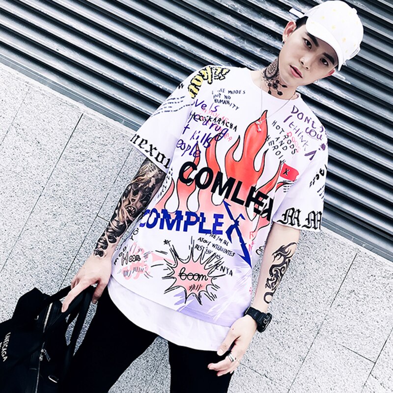 Mens Short Sleeve T-shirt Graffiti Tees Shirts Flame Print Skateboard Tshirts Male Cotton Hip Hop Streetwear KJ54 | Vimost Shop.