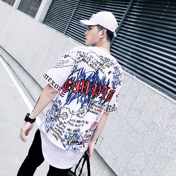 Mens Short Sleeve T-shirt Graffiti Tees Shirts Flame Print Skateboard Tshirts Male Cotton Hip Hop Streetwear KJ54 | Vimost Shop.