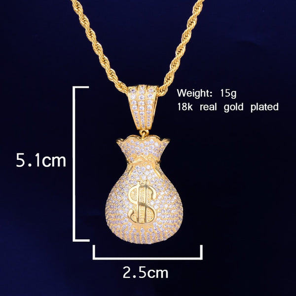 Men's Dollar bag Pendant Necklace Tennis Chain Cuban chain Gold Color Bling Cubic Zircon Hip hop Rock Jewelry | Vimost Shop.