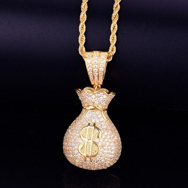 Men's Dollar bag Pendant Necklace Tennis Chain Cuban chain Gold Color Bling Cubic Zircon Hip hop Rock Jewelry | Vimost Shop.