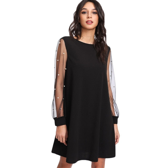 Elegant Womens Dresses Pearl Beading Mesh Sleeve Tunic Dress Autumn Black Boat Neck Long Sleeve A Line Dress | Vimost Shop.