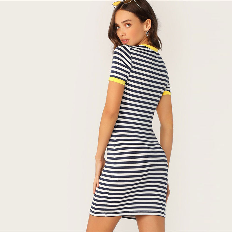 Pocket Patched Striped Ringer Tshirt Casual Dress Women Short Sleeve Preppy Round Neck Summer Dress Slim Bodycon Dresses | Vimost Shop.