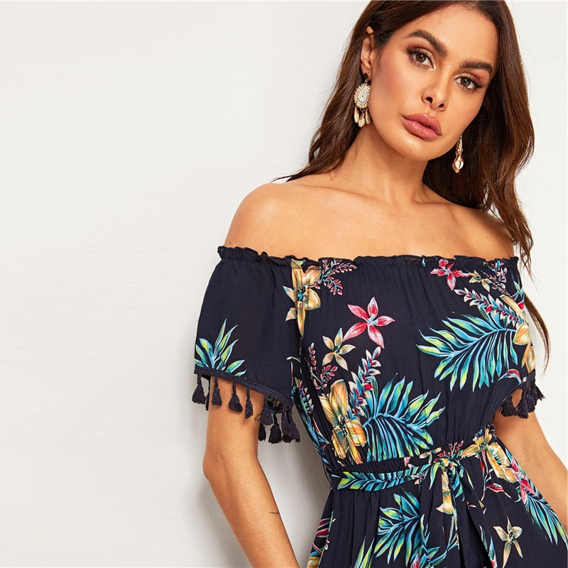 Navy Tropical Print Tassel Trim Split Thigh Belted Bardot Dress Women Summer Off the Shoulder High Waist Boho Long Dresses | Vimost Shop.