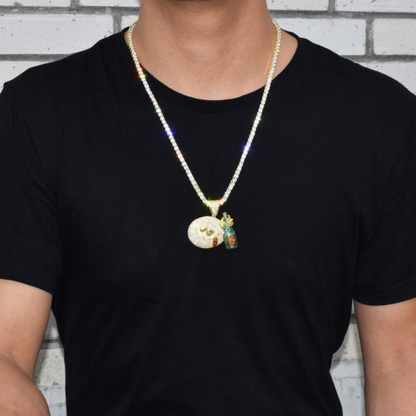 Gold Color Face With Wine bottle Pendant Necklace Gold Color Cubic Zircon Men's Hip hop Rock Jewelry Free 24