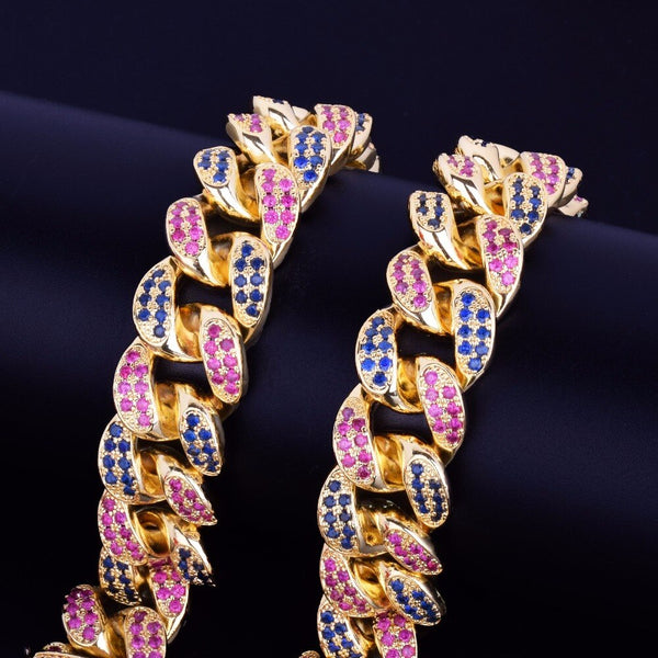20mm Heavy Colorful Zircon Miami Cuban Necklace Choker Men's Hip hop Jewelry Gold Color CUBAN Chain 16