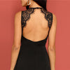 Sexy Black Lace Insert Open Back Skater Fit and Flare High Waist Sleeveless Fitted Mini Dress Women Summer Solid Dresses | Vimost Shop.