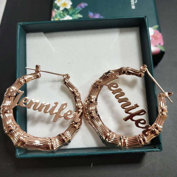 7cm Stainless Steel Bamboo Hoop Earrings Customize Name Earrings Bamboo Style Custom Hoop Earrings With Statement Words Numbers | Vimost Shop.