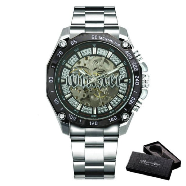 Skeleton Automatic Mechanical Watch Men Diamond Iced Out Punk Mens Watches Brand Luxury Golden Steel Strap Wristwatches