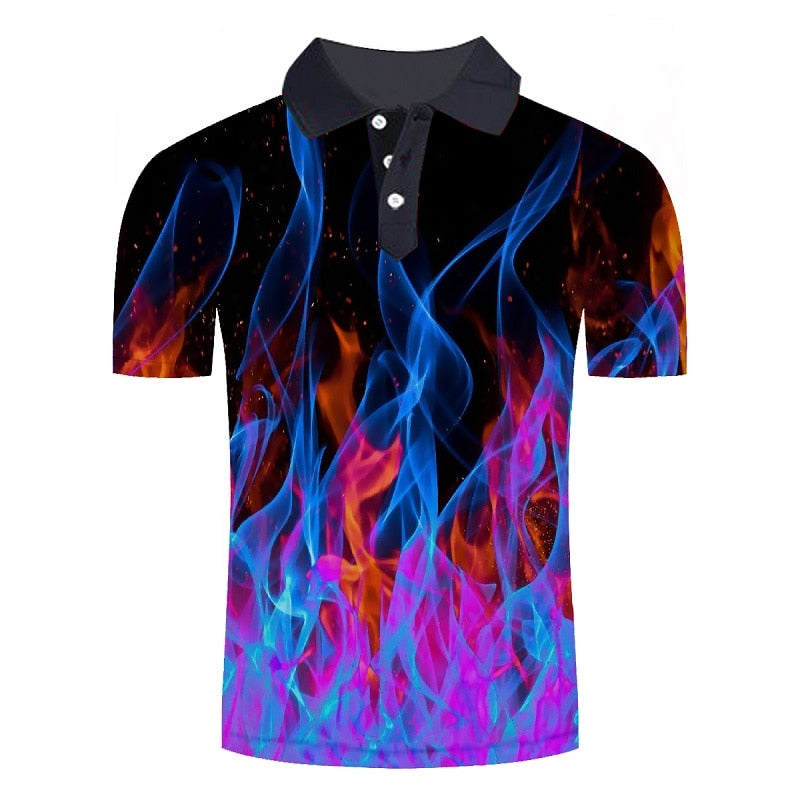 Polo shirt men Business Casual male polo shirt Short Sleeve Blue flame 3D print tops polo homme polo shirt | Vimost Shop.