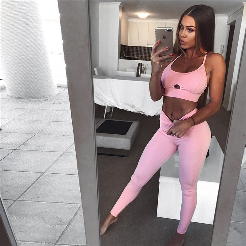 Women Yoga Bra Sets Quick Dry Tracksuit Running Sports Pink Hollow Fitness Bra Suit Female Elastic Workout Leggings Gym Clothing | Vimost Shop.