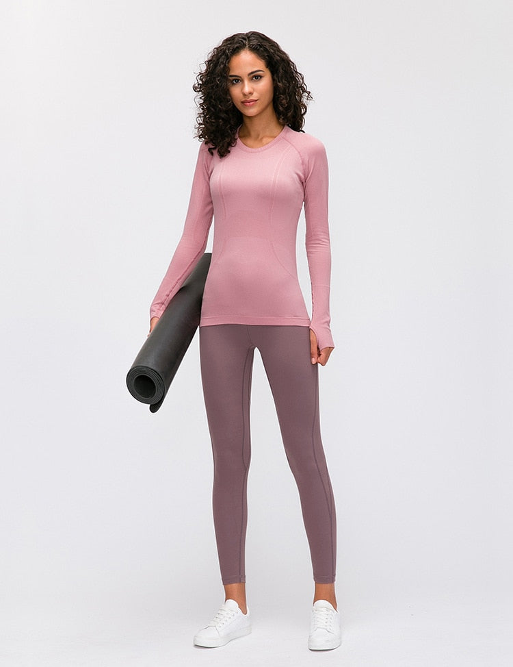 Seamless Slim Fit Yoga Shirts Workout Long Sleeved Shirts Women O-neck Sports Gym Fitness Tops with Thumb Holes Workout Top | Vimost Shop.