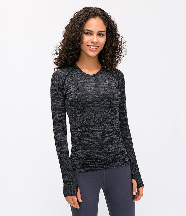 Seamless Slim Fit Yoga Shirts Workout Long Sleeved Shirts Women O-neck Sports Gym Fitness Tops with Thumb Holes Workout Top | Vimost Shop.