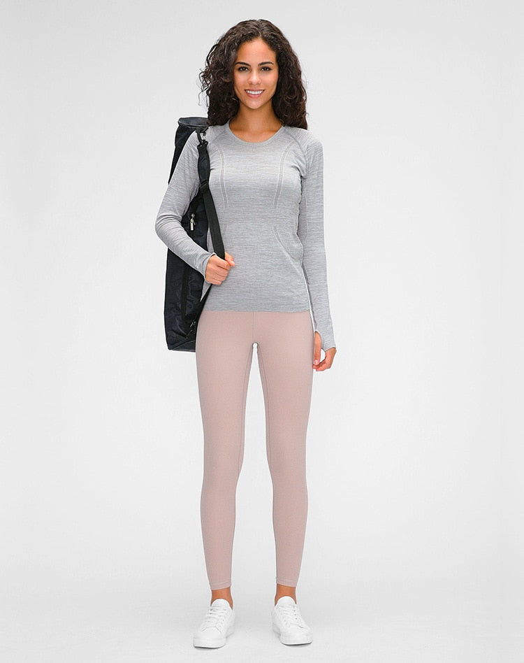 Seamless Slim Fit Yoga Shirts Workout Long Sleeved Shirts Women O-neck Sports Gym Fitness Tops with Thumb Holes Workout Top | Vimost Shop.