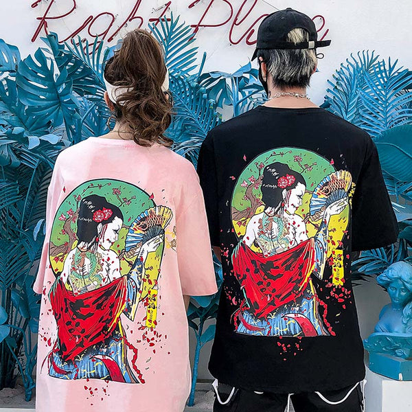 Men Hip Hop T-Shirts Harajuku Streetwear Japanese Geisha Tshirt Short Sleeve | Vimost Shop.