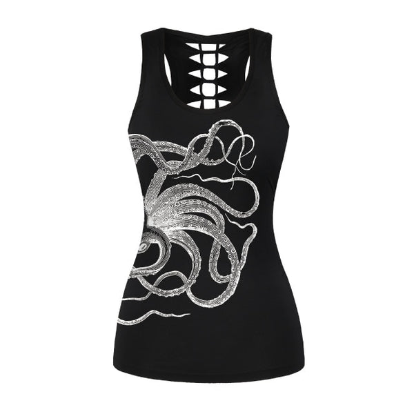 Sexy Women Tank Tops Gothic Style Black Tops Sunflower Printed Vest Hollow Out Back Sleeveless T-top | Vimost Shop.