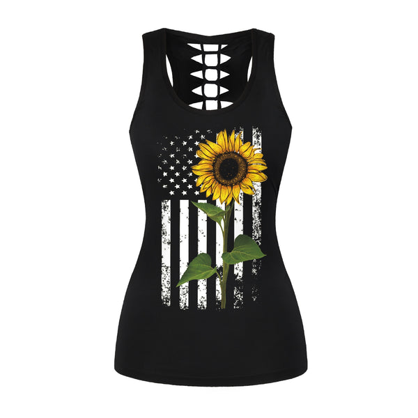 Sexy Women Tank Tops Gothic Style Black Tops Sunflower Printed Vest Hollow Out Back Sleeveless T-top | Vimost Shop.