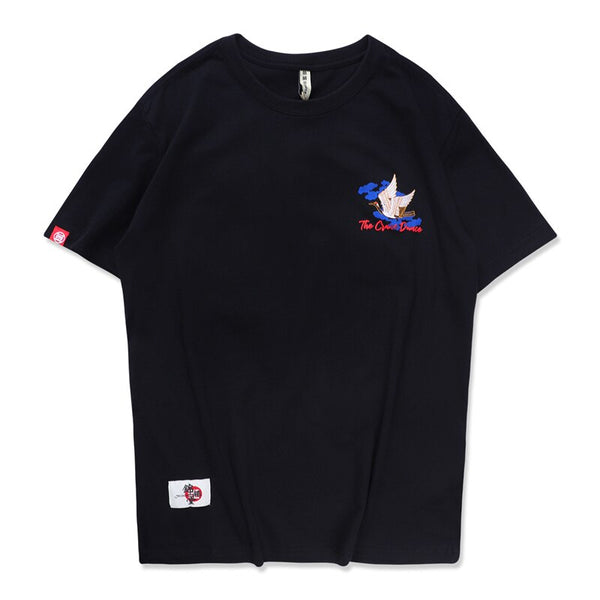 Streetwear Japanese Style Sun Waves TShirts Mens Crane Embroidery Short Sleeve T-shirts Hip Hop Black Cotton Loose Tees | Vimost Shop.