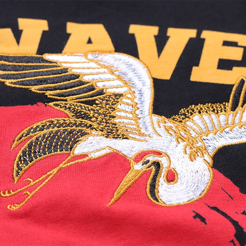 Streetwear Japanese Style Sun Waves TShirts Mens Crane Embroidery Short Sleeve T-shirts Hip Hop Black Cotton Loose Tees | Vimost Shop.