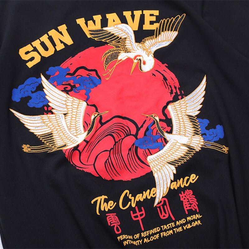 Streetwear Japanese Style Sun Waves TShirts Mens Crane Embroidery Short Sleeve T-shirts Hip Hop Black Cotton Loose Tees | Vimost Shop.