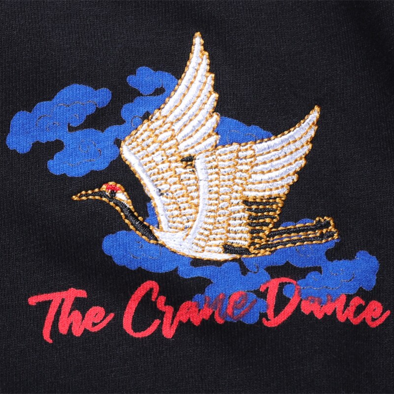 Streetwear Japanese Style Sun Waves TShirts Mens Crane Embroidery Short Sleeve T-shirts Hip Hop Black Cotton Loose Tees | Vimost Shop.