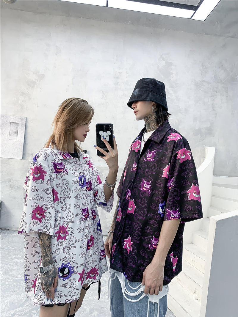 Hip Hop Casual Demon Print Short Sleeve Hawaiian Shirts Summer Floral Button Tropical Beach Hawaii Camp Oversized Shirt | Vimost Shop.