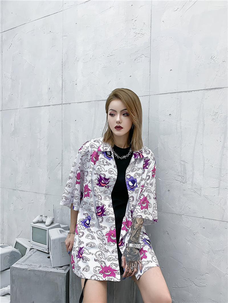 Hip Hop Casual Demon Print Short Sleeve Hawaiian Shirts Summer Floral Button Tropical Beach Hawaii Camp Oversized Shirt | Vimost Shop.