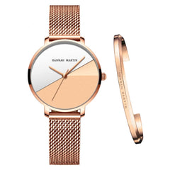 1 Set Bracelet &amp; watch  Japan Quartz Lady Stainless Steel Mesh Double Surface Dial Gradient Rose Gold 30m Waterproof Women Watch