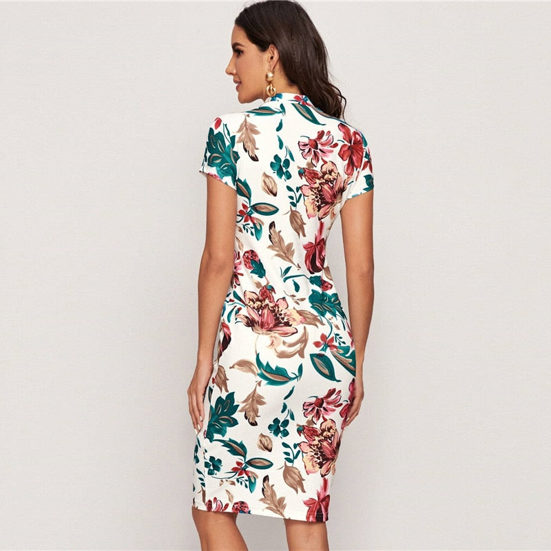 Multicolor Mock-Neck Form Fitted Floral Print Dress  Cap Sleeve Bodycon Elegant Pencil Midi Dresses | Vimost Shop.