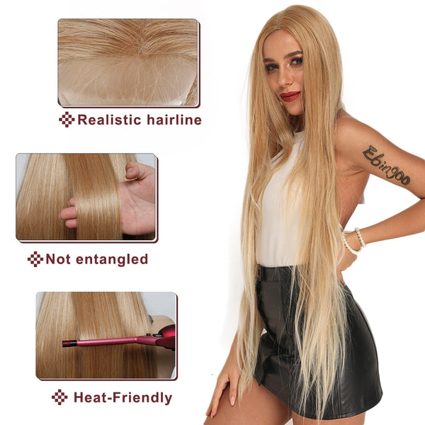 Fiber Long Straight Burgundy Patinum 613 Blonde  Synthetic Lace Front Wig Women's Middle Part Stylish Wig | Vimost Shop.