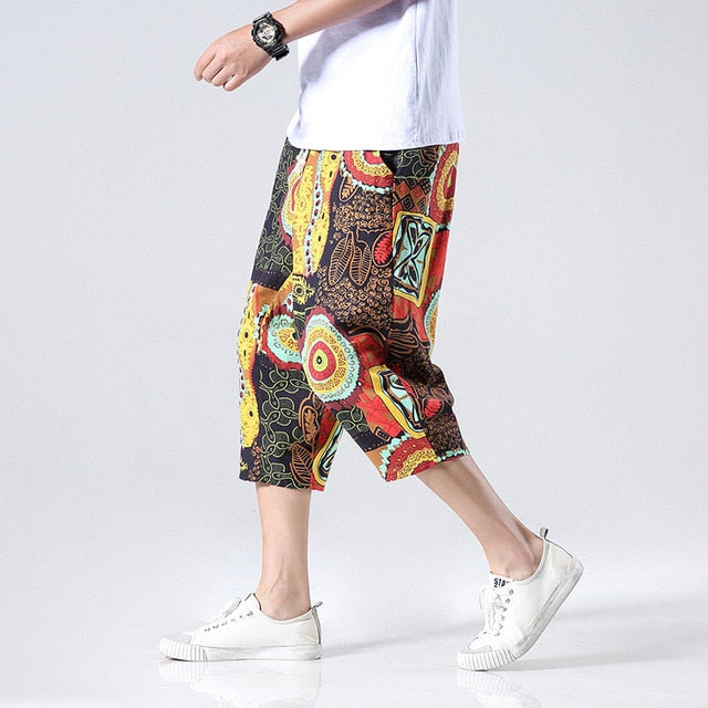 Streetwear New Chinese Style Male Printed Harem Pants Men Calf Length Cotton Linen Bermuda Masculina Male Pants | Vimost Shop.