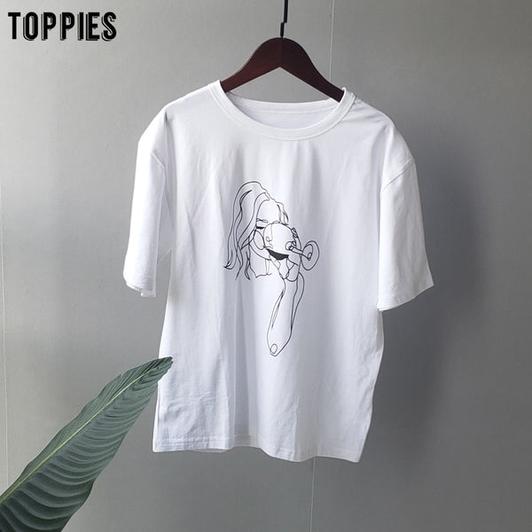 Summer t-shirts character printing tops tees solid color white t-shirts women drinking girls tops | Vimost Shop.