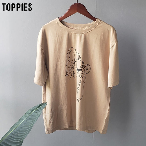 Summer t-shirts character printing tops tees solid color white t-shirts women drinking girls tops | Vimost Shop.