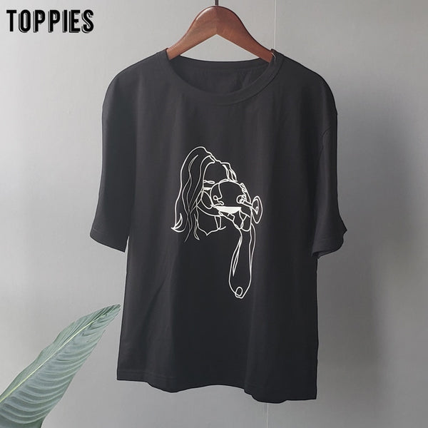 Summer t-shirts character printing tops tees solid color white t-shirts women drinking girls tops | Vimost Shop.