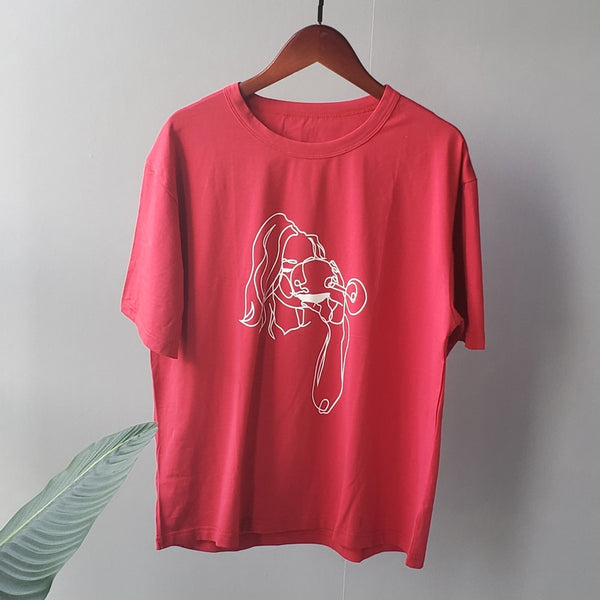 Summer t-shirts character printing tops tees solid color white t-shirts women drinking girls tops | Vimost Shop.