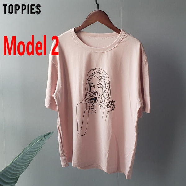 Summer t-shirts character printing tops tees solid color white t-shirts women drinking girls tops | Vimost Shop.