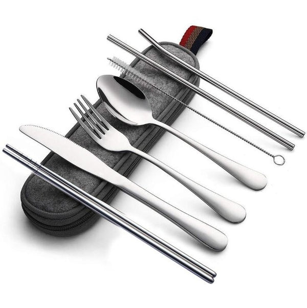 8 Pcs/Set Portable Stainless Steel Dinnerware Set Travel Camping Cutlery Reusable Utensils with Case Knife Fork Spoon | Vimost Shop.