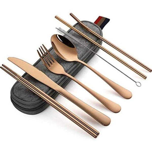 8 Pcs/Set Portable Stainless Steel Dinnerware Set Travel Camping Cutlery Reusable Utensils with Case Knife Fork Spoon | Vimost Shop.