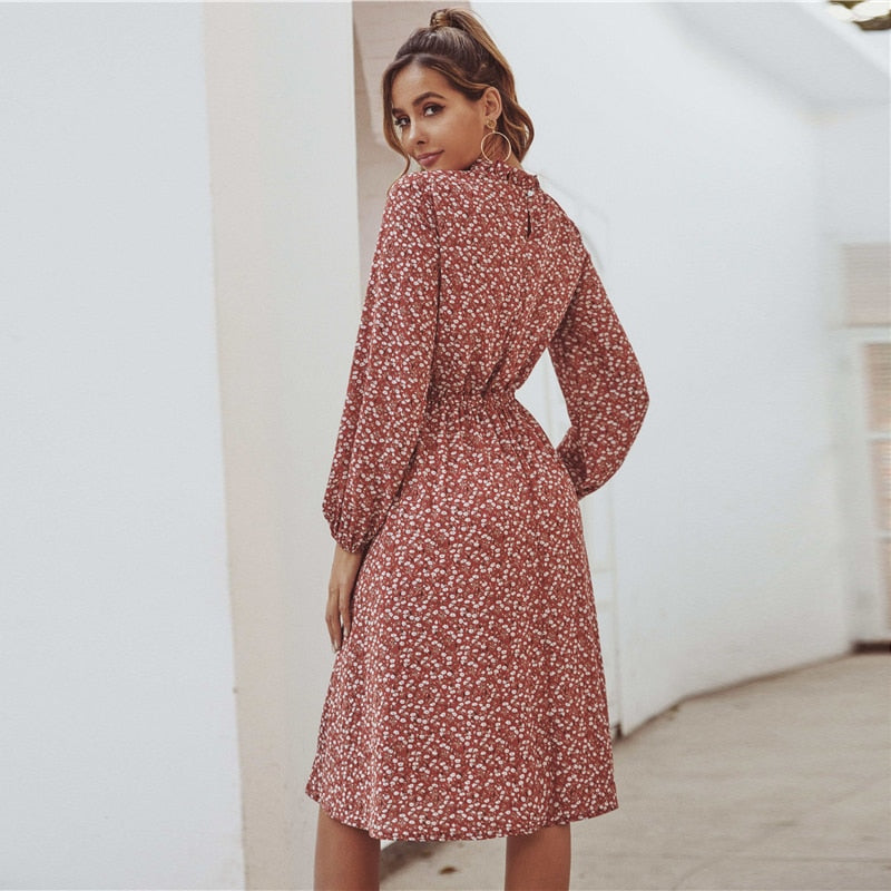 Red Ditsy Floral Print Stand Collar Casual Dress Women Spring High Waist Bishop Sleeve A Line Frill Midi Dresses | Vimost Shop.