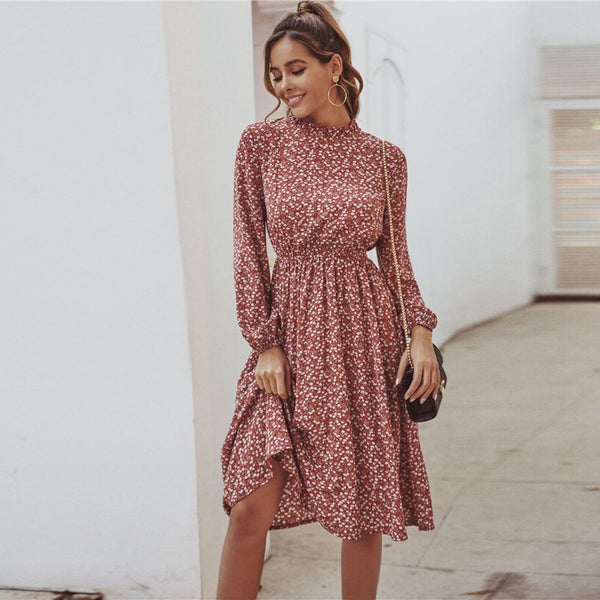Red Ditsy Floral Print Stand Collar Casual Dress Women Spring High Waist Bishop Sleeve A Line Frill Midi Dresses | Vimost Shop.