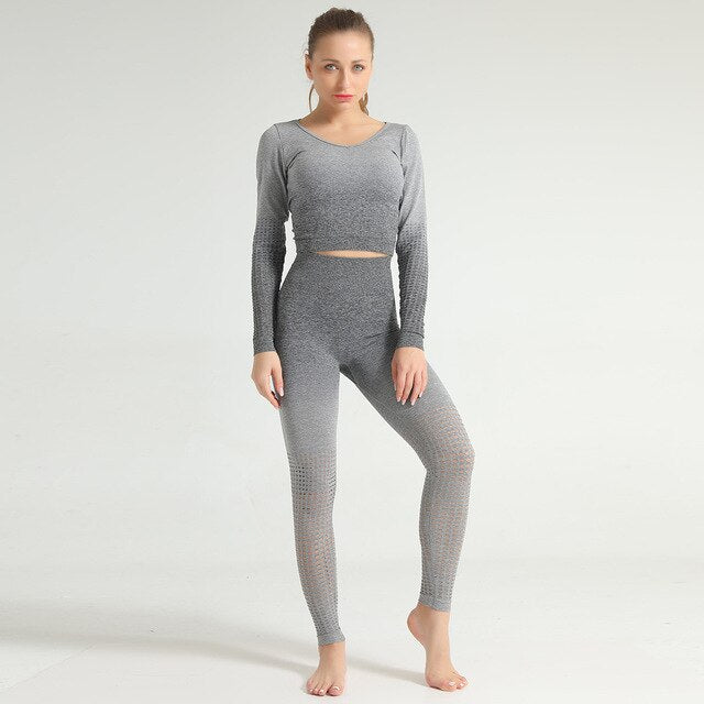 Ombre Seamless 2 PCS Set Women Sport Suit Gym Workout Long Sleeve Shirts Fitness Crop Top Scrunch Butt Leggings Hollow Yoga Set | Vimost Shop.