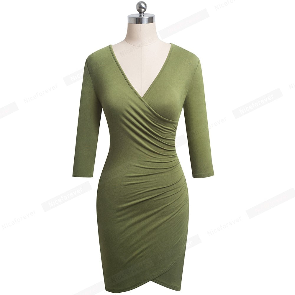 Elegant Pure Color Sexy V neck vestidos Business Party Women Bodycon Pencil Female Dress | Vimost Shop.