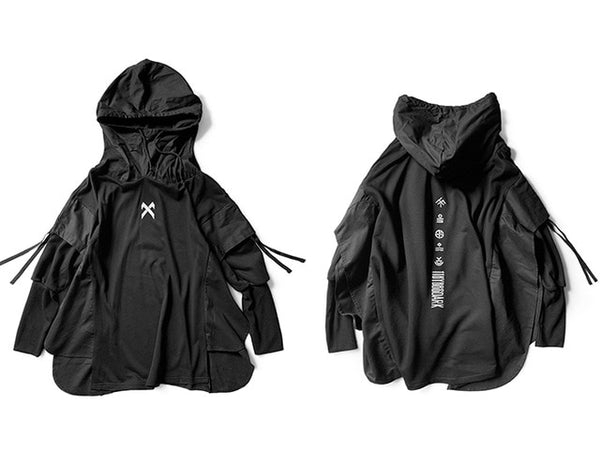Japanese Streetwear Man Hoodies Hip Hop Embroideried Pullover Patchwork Fake Two Darkwear Tops Techwear Hoodies | Vimost Shop.