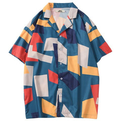 Hip Hop Shirt Streetwear Mens Hawaiian Shirt Color Block Geometric