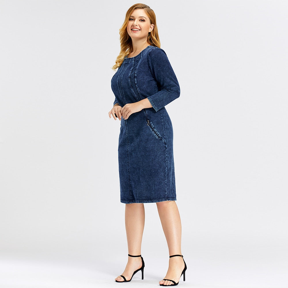 Women's Plus Size Denim Dress Premium Stretch Denim  Slim Fit Dress Casual Dress with shoulder pads