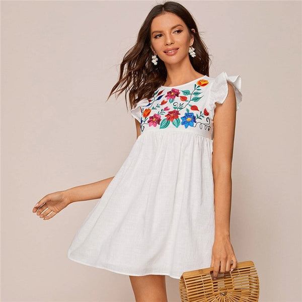 White Ruffle Armhole Embroidery Floral Smock Dress Women Summer High Waist Cap Sleeve Cute Boho Short Flared Dresses | Vimost Shop.