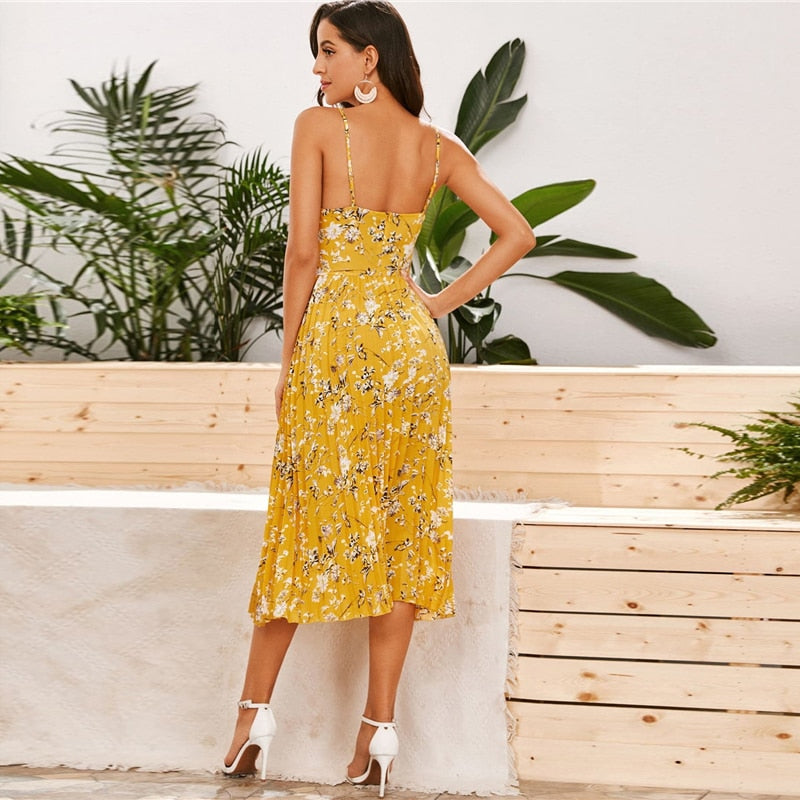 Yellow Surplice Neck Pleated Floral Cami Dress Women Summer Sleeveless High Waist Boho Wrap Long Dresses | Vimost Shop.